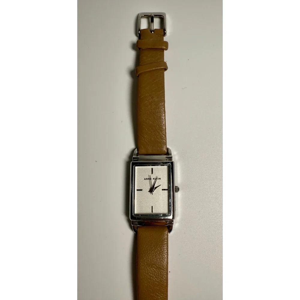 Anne Klein Rectangle‎ Watch Women Silver Tan Leather Band Excellent Minimalist
